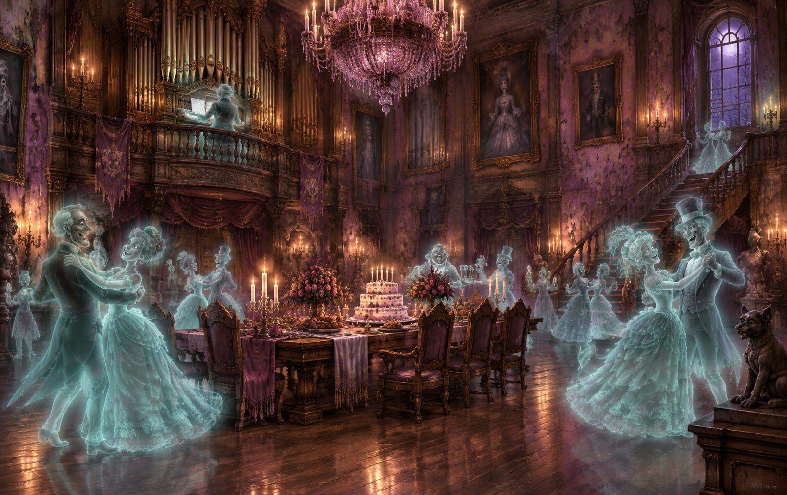 Friendly ghosts waltzing in a candlelit ballroom around a birthday cake
