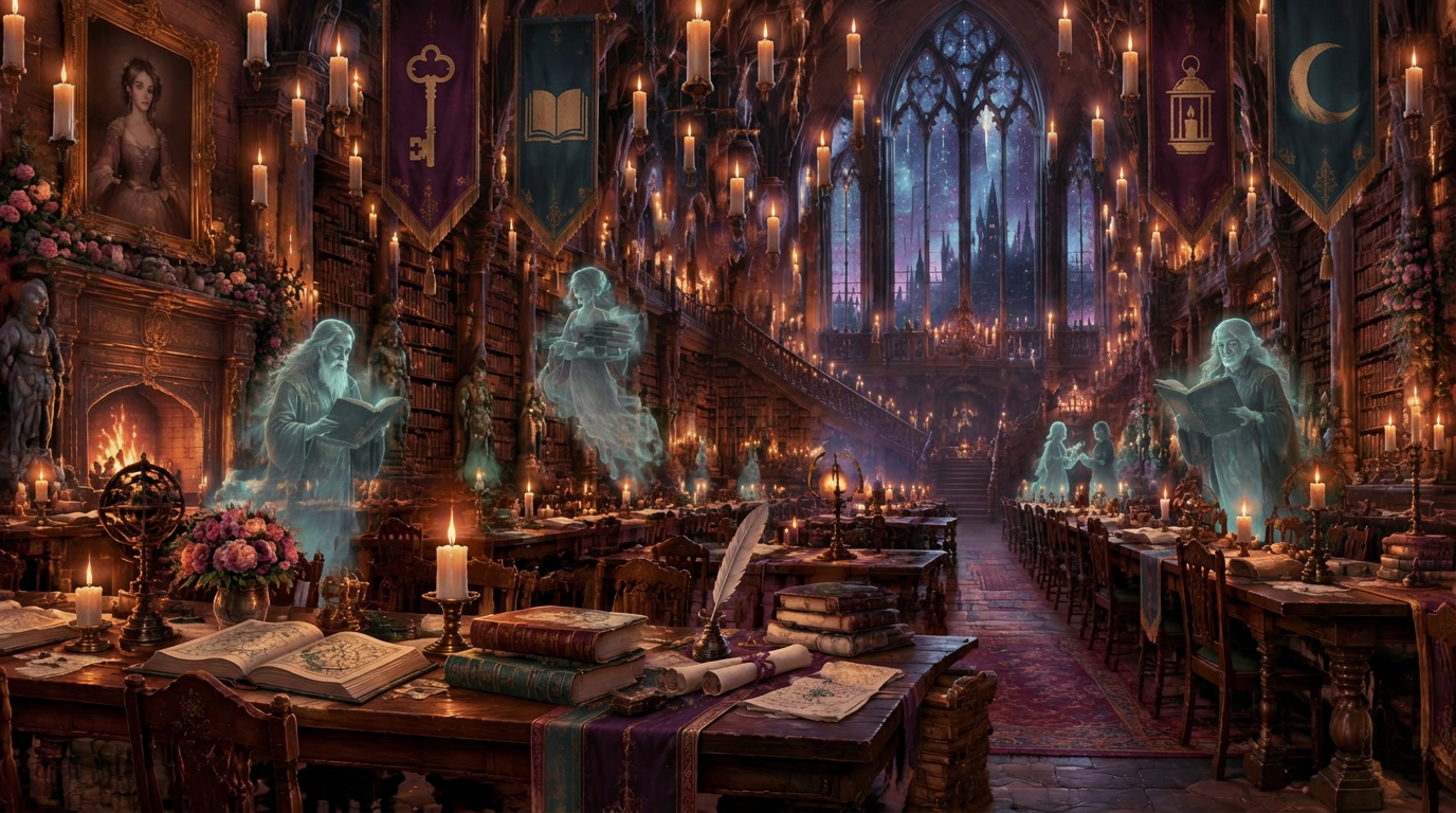 A candlelit great hall of long study tables, floating candles and friendly ghost scholars