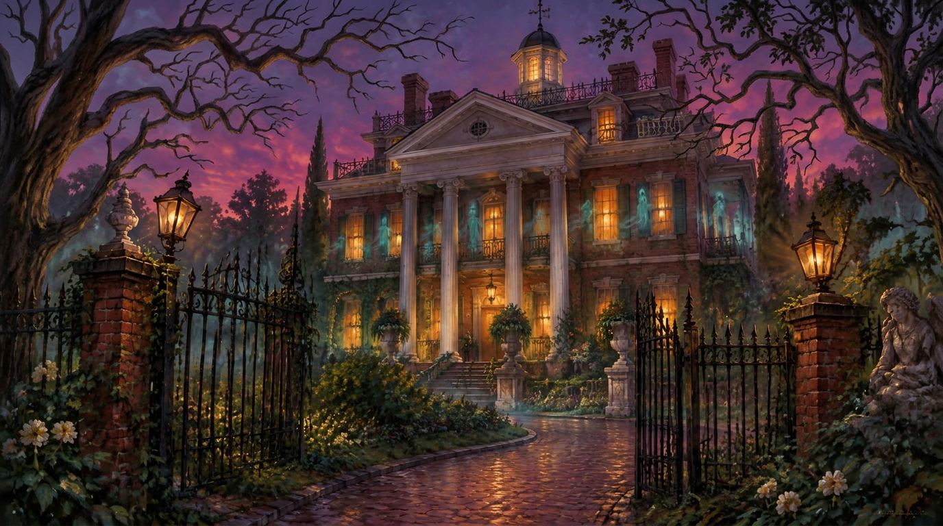 A stately brick manor at twilight, iron gates open, friendly ghosts glowing in the windows