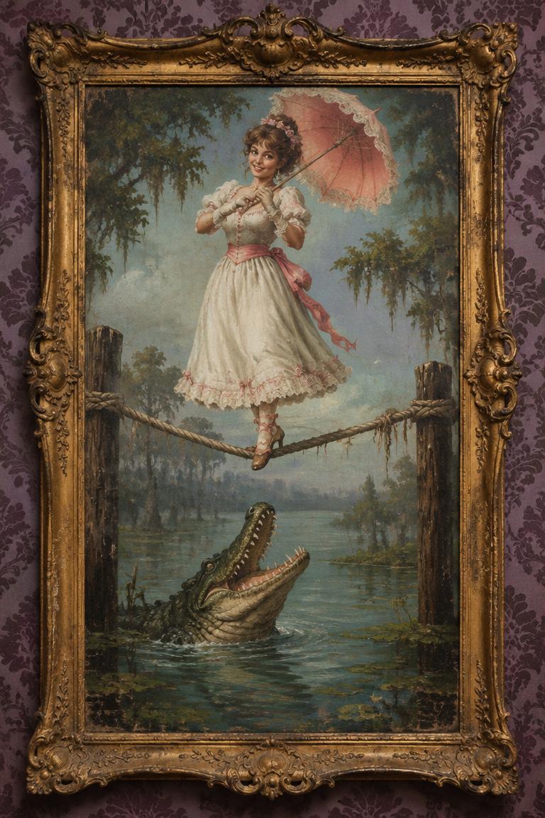 A gilded portrait of a smiling lady with a pink parasol balancing on a rope above a grinning alligator